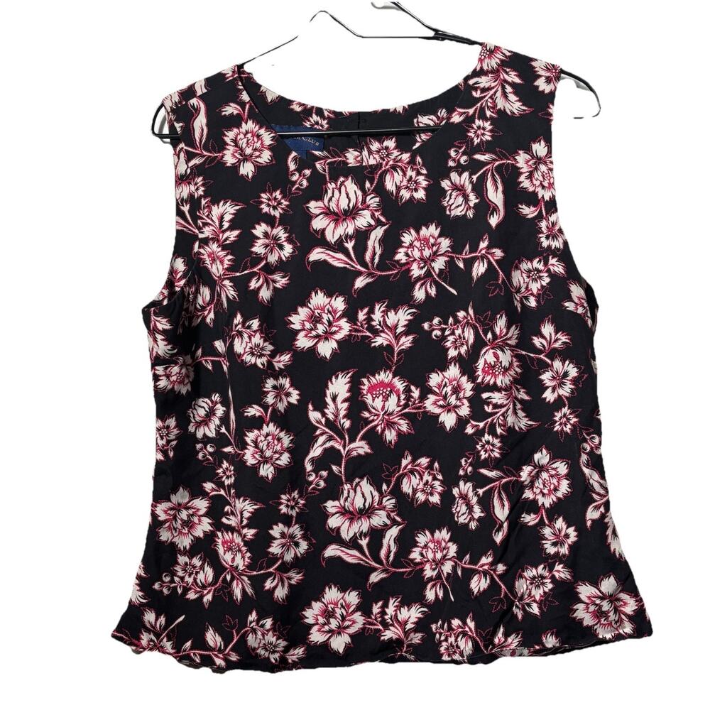 VTG Charter Club 100% Silk Sleeveless Tunic Top Sz 14 Black Pink White Flowers